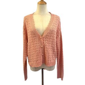 Anthropologie Pink Crochet Cardigan Sweater Button Front Medium